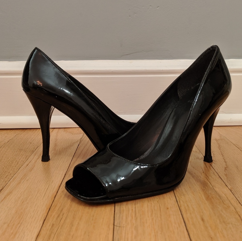 Stuart Weitzman Black Patent Peep Toe Pumps